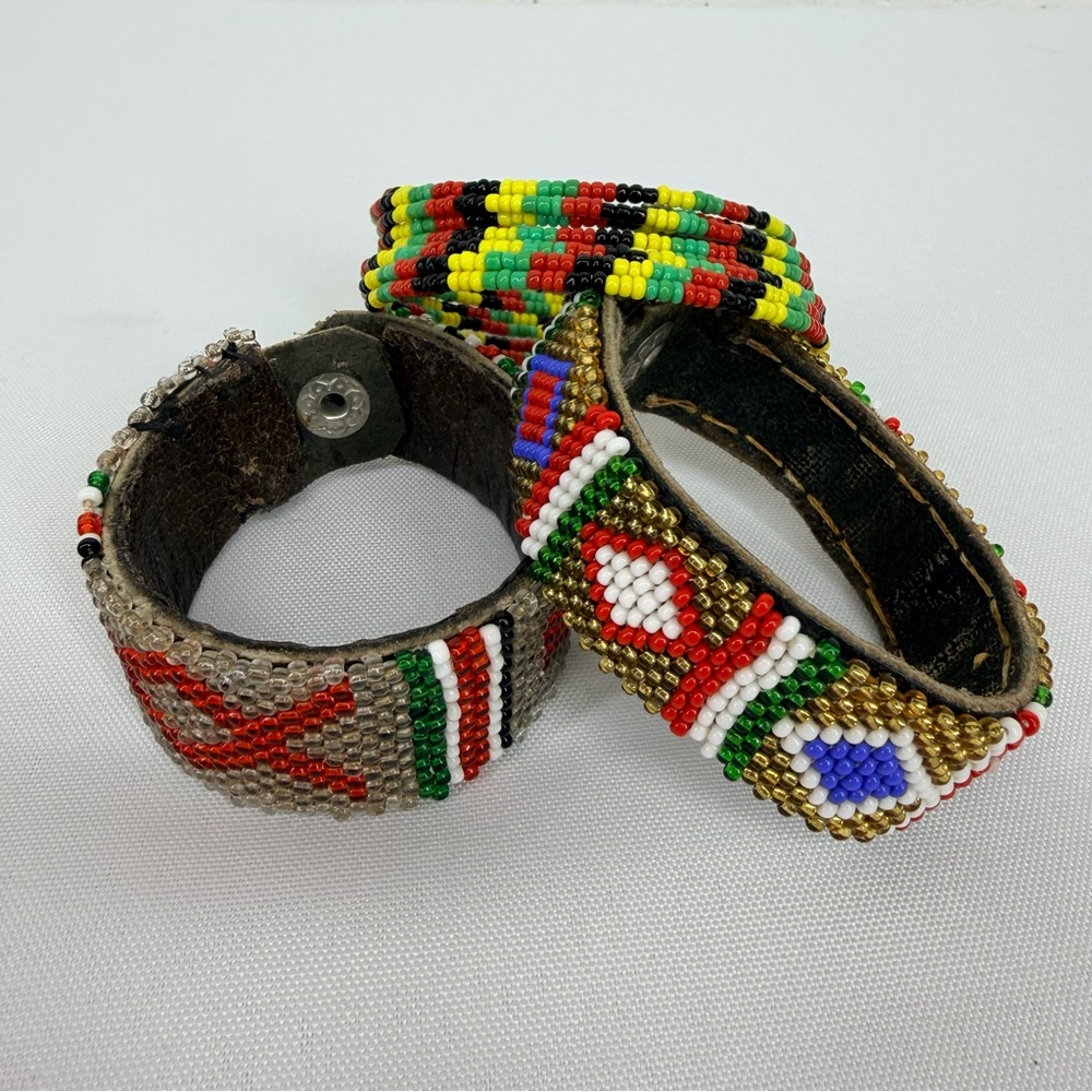 Lot of 3 Handmade Boma Maasai Beige Gold Beaded Leather Bracelets Small Petite